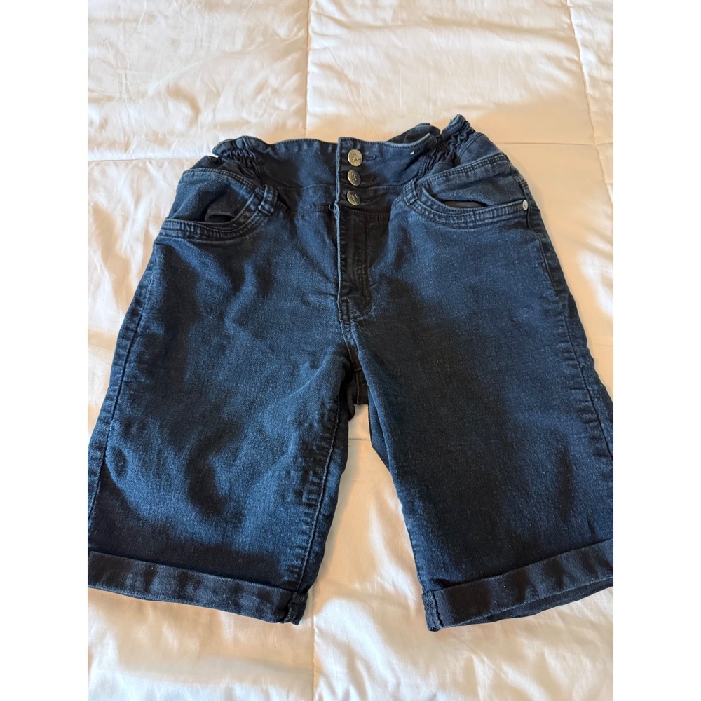 Always Friday Womens Dark Wash Paperbag Waist Denim Shorts Cuffed Button Fly